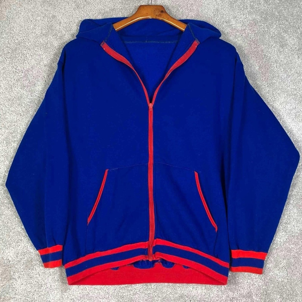 Vintage 80s Zip Up Hoodie Mens Blue Red Trim Stripe Sweatshirt Rocket Talon ロケット